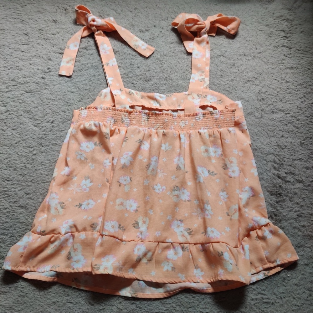 Hippie Rose Orange Tie Strap Tank Top Square Neck Smocked Coral Sz Large floral - Picture 6 of 6